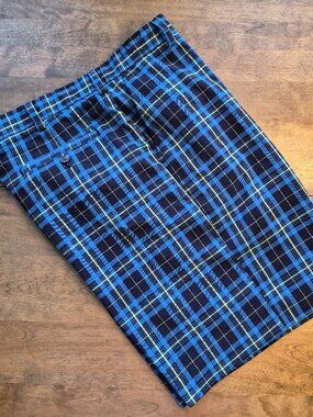 IZOD Golf Shorts Mens 38 Blue Green Plaid Flat Front Outdoor Pockets Logo